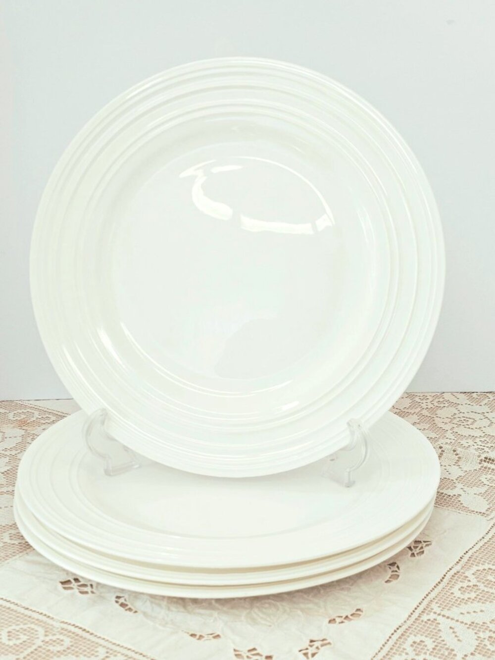 4 Mikasa Swirl Dinner Plates 11.2" White Bone China Ribbed Dishware